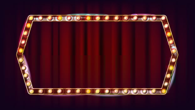 Retro Billboard Vector. Shining Light Sign Board. Realistic Shine Lamp Frame. 3D Electric Glowing Element. Carnival, Circus, Casino Style. Illustration vector