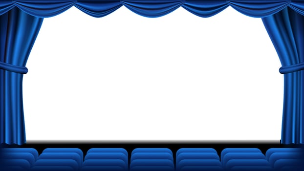 Auditorium With Seating Vector. Blue Curtain. Theater, Cinema Screen And Seats. Stage And Chairs. Blue Curtain. Theater. Realistic Illustration. vector