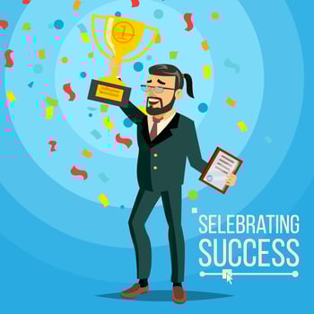 Business Victory Vector. Joyful Bearded Businessman With Winner Golden Cup. Celebrating Success. Flat Cartoon Character Illustration vector