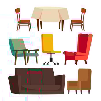 Cartoon Furniture Set Vector. Sofa, Chair, Table, Office Chair. Flat Isolated Illustration vector