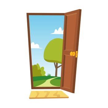Opened Door Vector. Cartoon Flat Summer Landscape. Front View. Freedom Concept. Isolated Illustration. vector