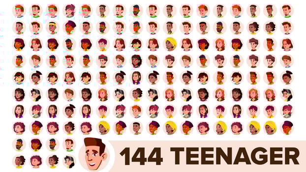 Teenager Avatar Set Vector. Girl, Guy. Multi Racial. Face Emotions. Multinational User People Portrait. Male, Female. Ethnic. Modern Default Placeholder Icon. Flat Cartoon Illustration vector