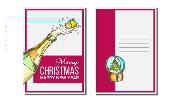 Christmas Greeting Card Vector. Champagne Bottle. Seasons. Winter Wishes. Hand Drawn In Vintage Style Illustration vector