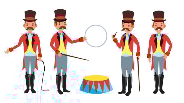 Circus Trainer Vector. Whip In His Hand. Classic Black Hat. Retro Flat Cartoon Illustration vector