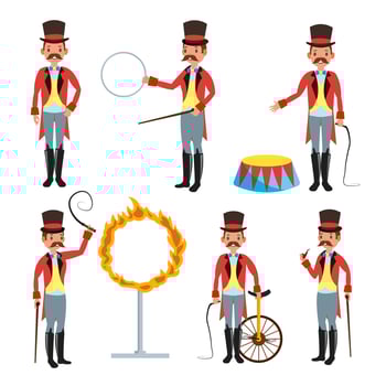Circus Trainer Vector. Circus Performances Of Trained Animals. Mustache, Red Cloak, Cylinder, Whip. Isolated On White Cartoon Character Illustration vector