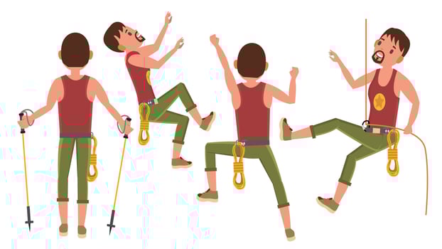 Young Climber Man Vector. Rock Climbing Sport. Different Poses. Tourist Hiking, Trekking Cartoon Character Illustration vector