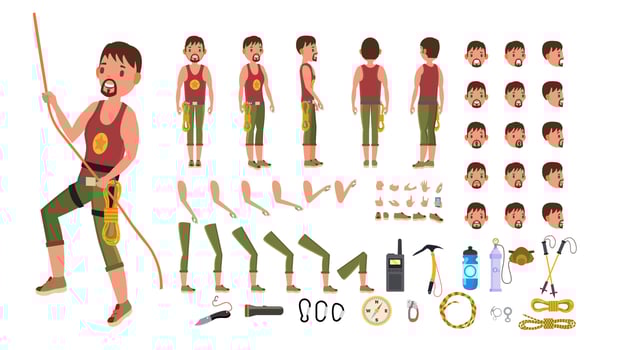 Rock Climber Male Vector. Animated Character Creation Set. Professional Mountain Climber Man. Full Length, Front, Side, Back View, Accessories, Poses, Face Emotions. Isolated Flat Cartoon Illustration vector