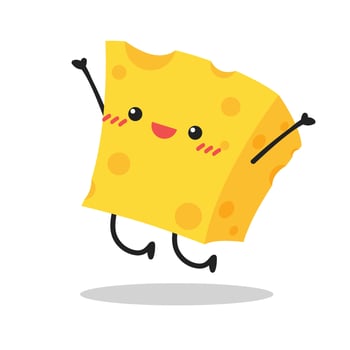 Cute happy cheese character. Funny food emoticon in flat style. Dairy emoji vector illustration.