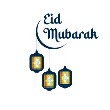 eid mubarak typography with mosque and lantern png