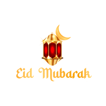 eid mubarak typography with mosque and lantern png