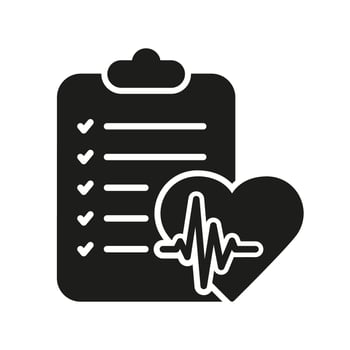 Cardiology Diagnostic Document. Diagnosis Report Silhouette Icon. Patient Medical Record Glyph Pictogram. Health Information on Clipboard Icon. Medicals Checklist. Isolated Vector Illustration.
