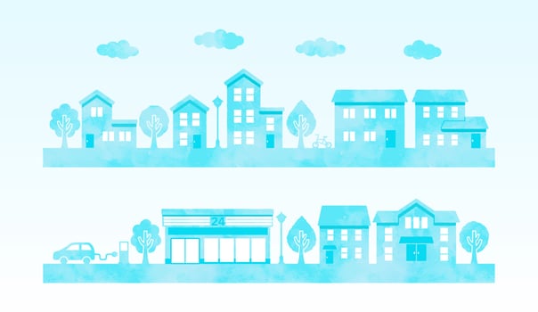 watercolor townscape silhouette. cute illustration for background -blue vector