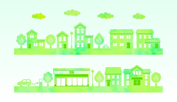 watercolor townscape silhouette. cute illustration for background -green vector