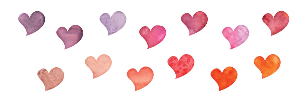 Watercolor hand drawn set of objects, textured red, pink and purple hearts for Valentine's day. Isolated on white background. Design for paper, love, greeting cards, textile, print, wallpaper, wedding vector