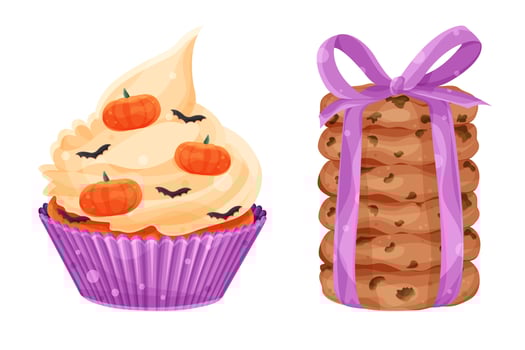 Set vector bright cute halloween cupcake and stack of oatmeal cookies, pumpkins and bats, bow, festive pastries