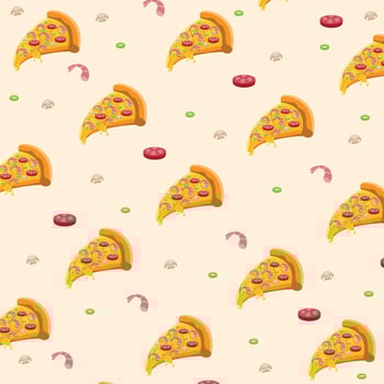 vector pizza slice pattern studded with shrimp, meat and mushrooms