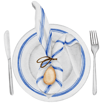 Watercolor Easter table decor with ceramic easter decorated plate and easter egg decorated with napkin, knife and fork. Transparent background PNG