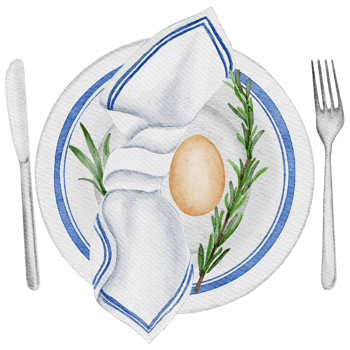 Easter table decor with ceramic easter decorated plate and easter egg decorated with napkin, rosemary, knife and fork. Transparent background PNG