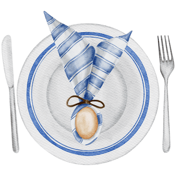 Watercolor Easter table decor with ceramic easter decorated plate and easter egg decorated with napkin, knife and fork. Transparent background PNG