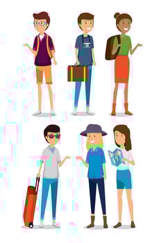 set women and men tourist with baggage travel vector