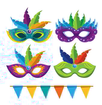 set of carnival masks with feathers decoration and party banner vector