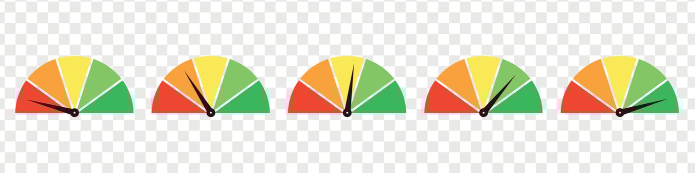 Set of different colorful speedometers, meter gauge element, ratings of varying degrees of satisfaction. Level indicator collection. Vector isolated illustration