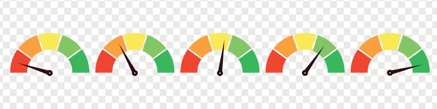 Set of different meter gauge element. Green and red, low and high barometers,bad and good level or risk scale. Vector isolated illustration