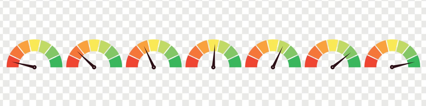 Set of different meter gauge element. Green and red, low and high barometers,bad and good level or risk scale. Vector isolated illustration