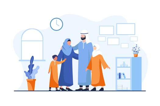 Arab Muslim Happy family get together in the living room with children. Cartoon Vector illustration. Family day, celebration. Family time weekend