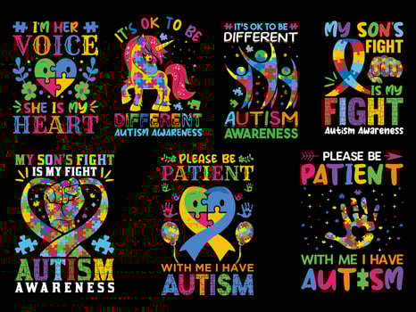 set of Autism special designs for t-shirts, posters, crafts etc. all designs are colorful and created using ribbon, puzzles, love, etc vector