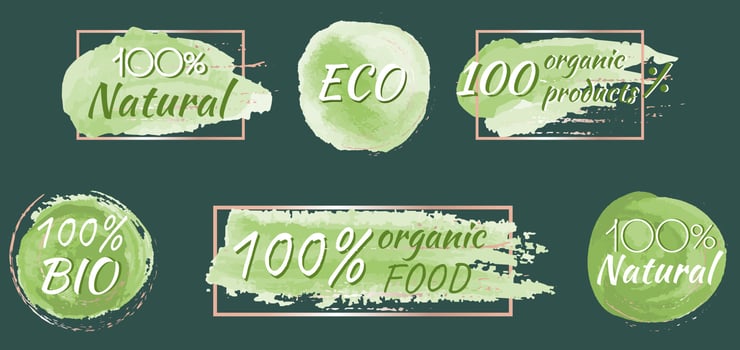 Set of green with gold splashes emblems in a watercolor style for natural products. Natural, organic food, bio, eco-design elements. vector