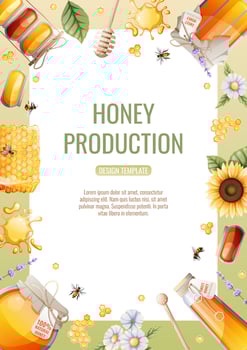 Flyer design, advertising banner with honey products. Honey shop, healthy and sweet products. Vector illustration of poster in a4 size for flyer, banner, postcard, poster, etc.