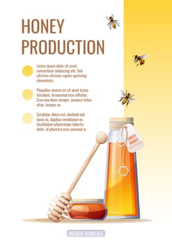 Flyer design, advertising banner with honey products.  Honey shop, healthy and sweet products. Vector illustration of poster in a4 size for flyer, banner, postcard, poster, etc.