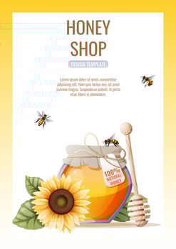 Flyer design, advertising banner with a natural useful product-honey. Honey shop, healthy and sweet products. Vector illustration of poster in a4 size for flyer, banner, postcard, poster, etc.