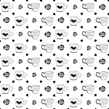 Hand drawn vintage tea cup seamless pattern decorated with hearts, roses. Doodle Coffee Mugs seamless pattern. Black on white background. vector