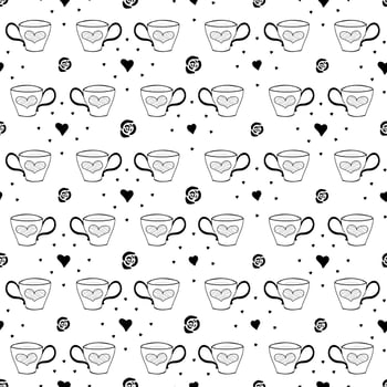 Hand drawn vintage tea cup seamless pattern decorated with hearts, roses. Doodle Coffee Mugs seamless pattern. Black on white background. vector