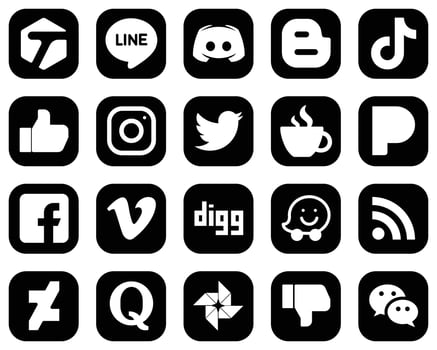 20 Modern White Social Media Icons on Black Background such as instagram. tiktok and facebook icons. High-quality and modern vector