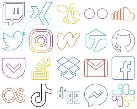 20 Clean and modern Colourful Outline Social Media Icons such as pocket. tagged. twitter and literature Fully customizable and high-quality vector