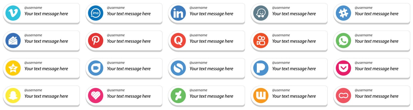 20 Elegant Card Style Follow Me Social Media Icons with Custom Message Option such as tencent. whatsapp. waze. kuaishou and quora icons. Professional and clean vector