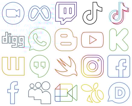 20 Professional Colourful Outline Social Media Icons Set such as video. blog. douyin. blogger and digg Customizable and unique vector