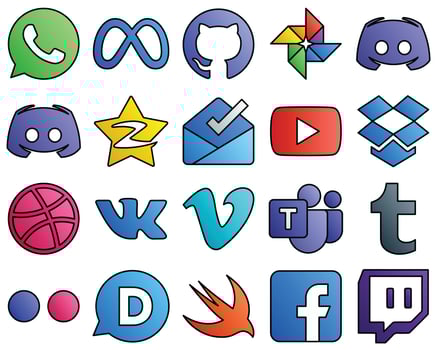 20 Stylish icons vk. dropbox. video and inbox Filled Line Style Social Media Icon Collection vector