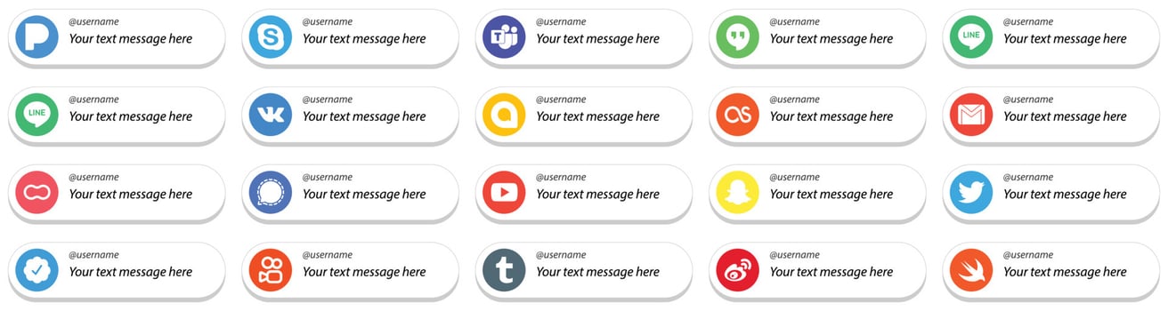 20 Unique Card Style Follow Me Social Media Icons with Customizable Message such as mesenger. women. google allo. mothers and mail icons. Eye catching and high definition vector