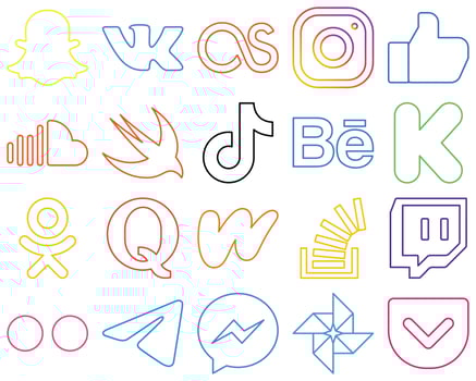 20 High-Quality Colourful Outline Social Media Icons such as behance. china. soundcloud. video and tiktok Fully customizable and professional vector