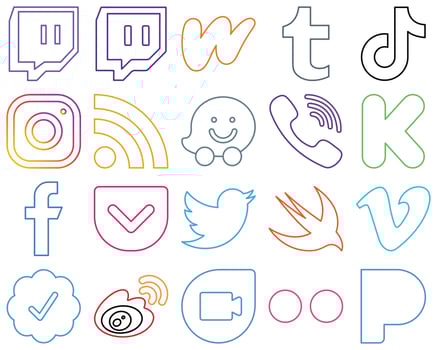 20 Premium and professional Colourful Outline Social Media Icons such as viber. waze and rss High-definition and editable vector