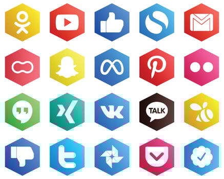 25 Stylish White Icons such as yahoo. pinterest. mail. facebook and snapchat icons. Hexagon Flat Color Backgrounds vector