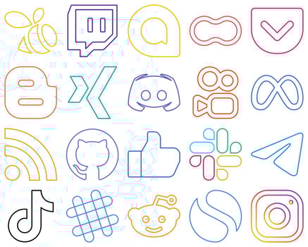 20 Stylish and elegant Colourful Outline Social Media Icons such as rss. meta. blog. kuaishou and text Creative and professional vector
