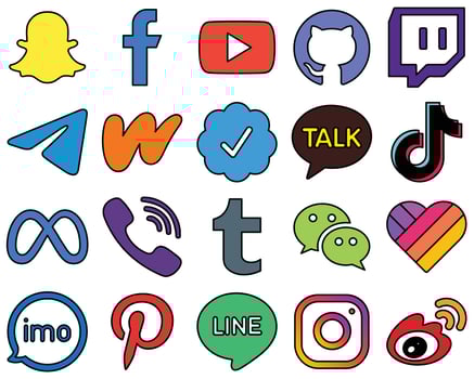 20 Professional Line Filled Social Media Icons such as video. tiktok. telegram. kakao talk and literature Fully editable and high-quality vector