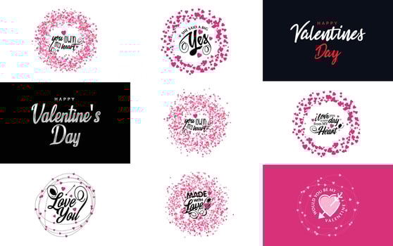 Valentine's logo set with hearts and calligraphy lettering isolated on white vector
