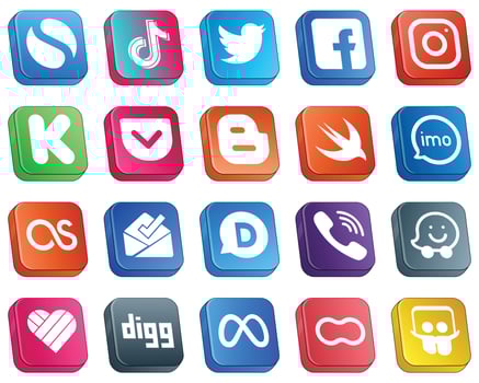 20 Isometric 3D Icons for Top Social Media Platforms such as blogger. funding. facebook. kickstarter and meta icons. Fully customizable and professional vector