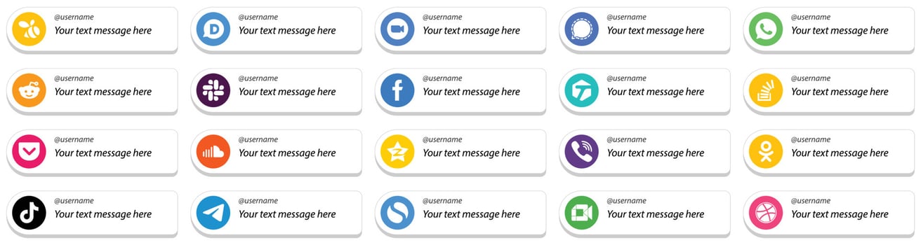 20 Social Media Follow Me Icons with Custom Message Option such as question. tagged and facebook icons. Eye catching and editable vector